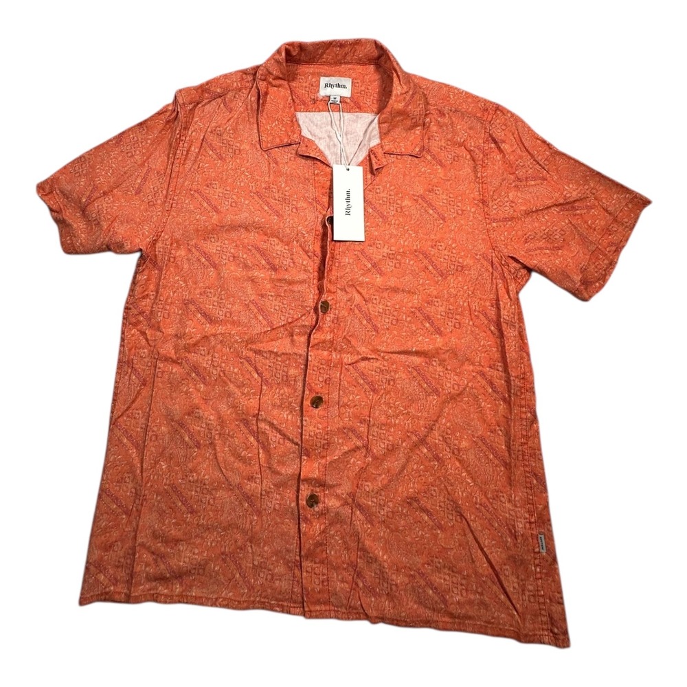 Rhythm Mens Orange Paisley Short Sleeve Button Up Shirt‎ Size M